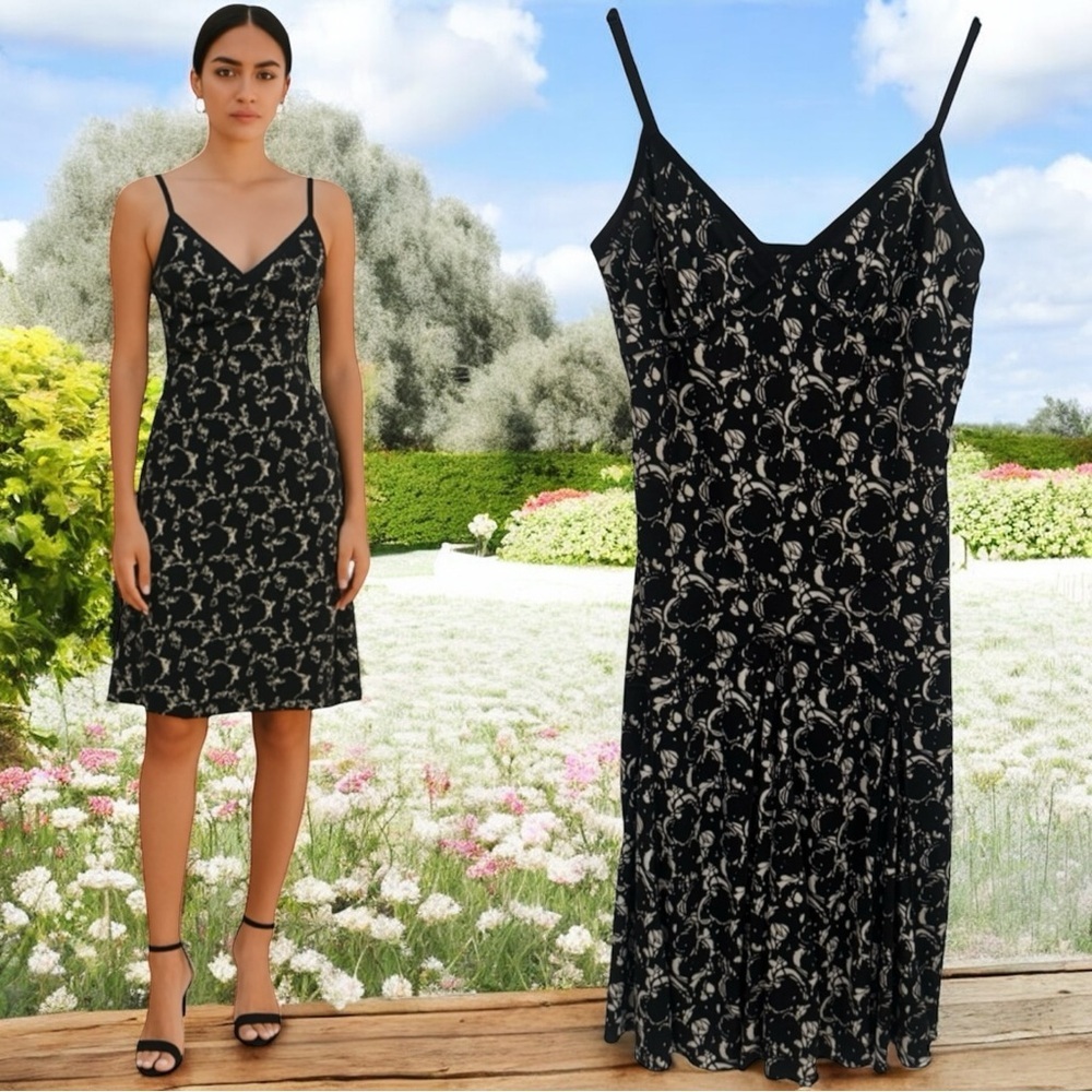 Y2K‎ Max Studio Black Ivory Floral Godet Pleated Gothic Fairy Babydoll Dress S